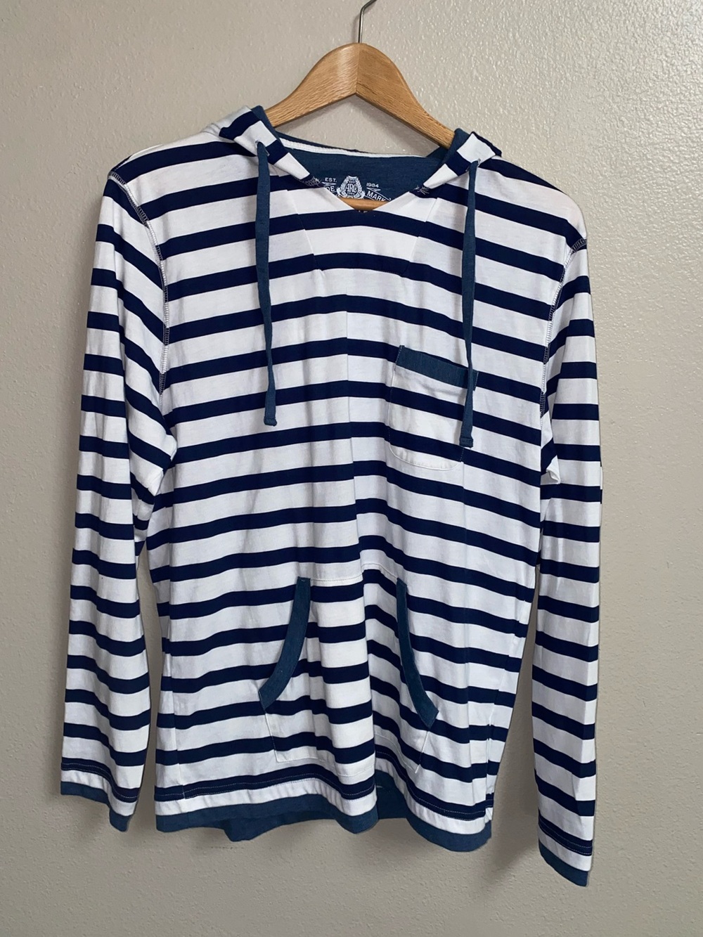 American Rag Striped Hooded Shirt Mens Large Blue White Nautical Pullover